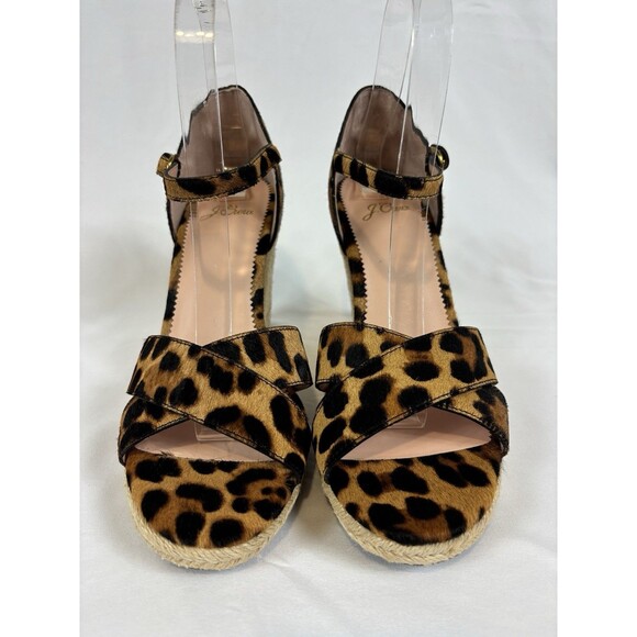 J Crew Animal Print Wedges Brown Black Tan Fur Size 8 Leopard Ankle Strap Buckle - Picture 10 of 10